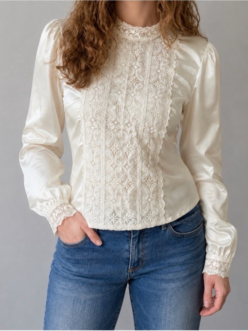 Illustrations Vintage Lace Ivory Cottage Blouse Womens Small